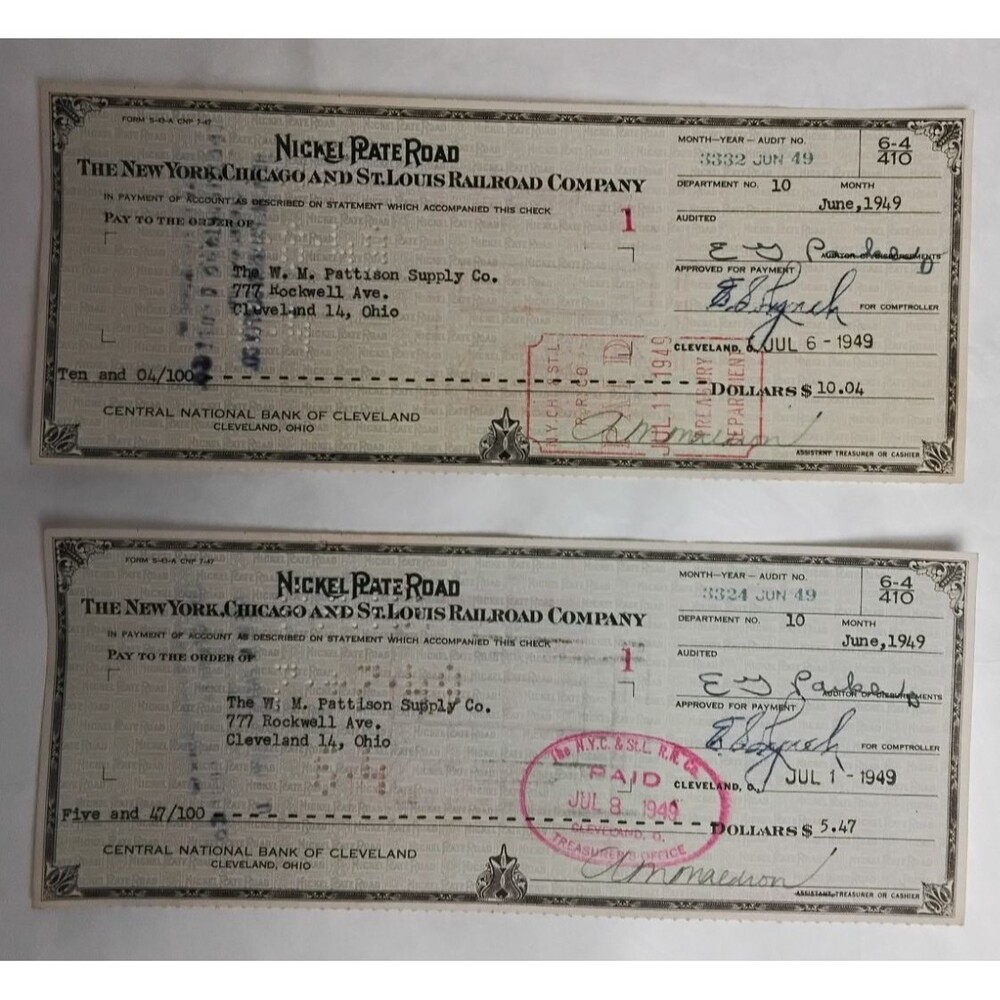 2 1949 Nickel Plate Road Checks To The W M  Pattison Supply Company Cleveland OH